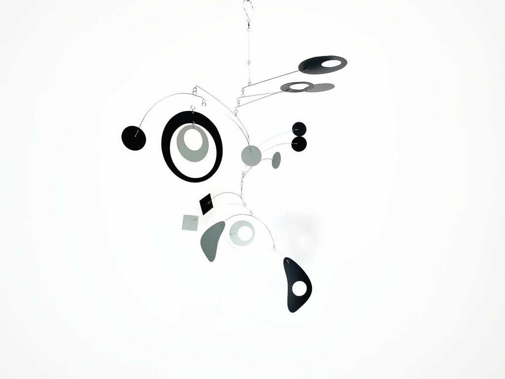 Hanging Mobile Art 30 x 26 in Space Style - Mobile for Mid Century Modern Home Black Grey