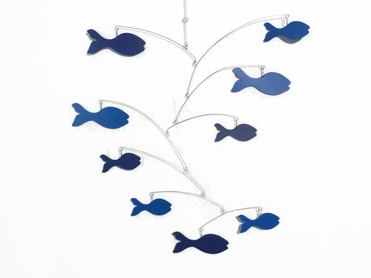 Blue Fish School Mobile – Handmade Kinetic Art for Nursery, Playroom, or Classroom