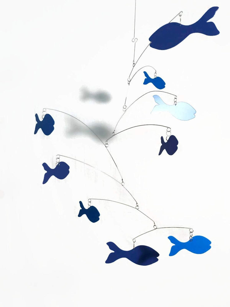 Blue Fish School Mobile – Handmade Kinetic Art for Nursery, Playroom, or Classroom