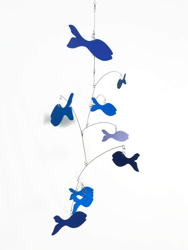 Blue Fish School Mobile – Handmade Kinetic Art for Nursery, Playroom, or Classroom