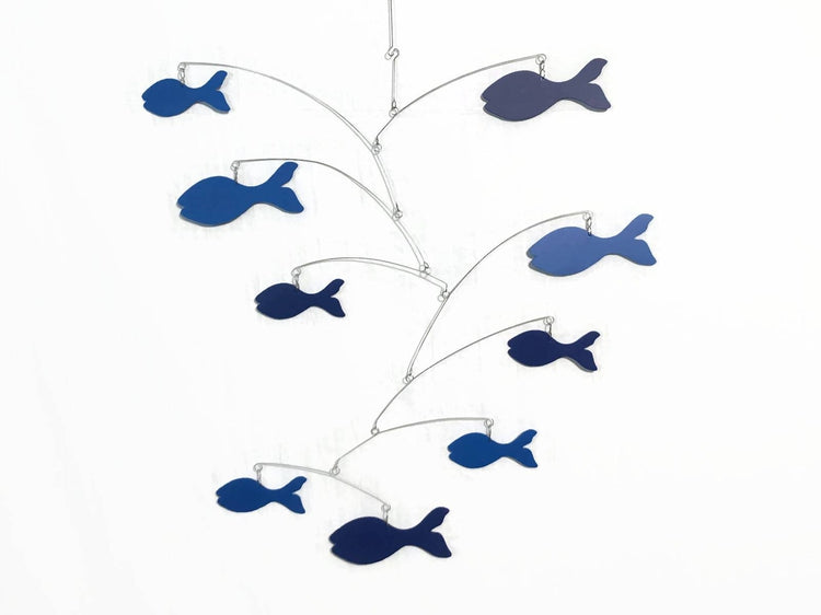 Blue Fish School Mobile – Handmade Kinetic Art for Nursery, Playroom, or Classroom