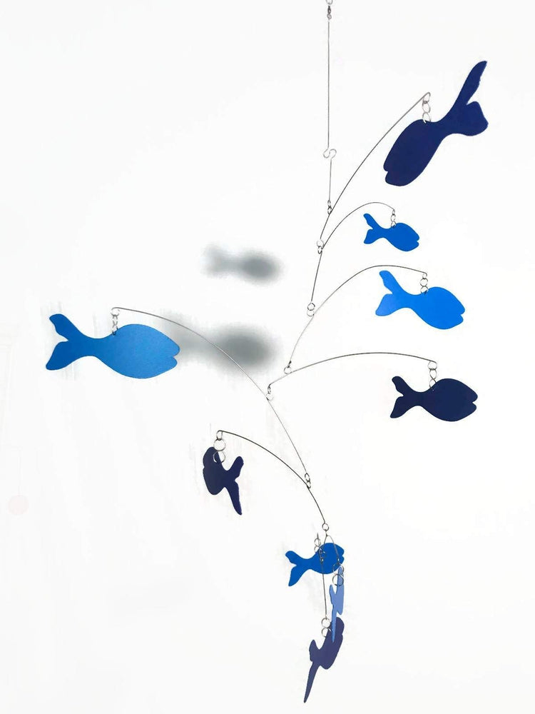 Blue Fish School Mobile – Handmade Kinetic Art for Nursery, Playroom, or Classroom