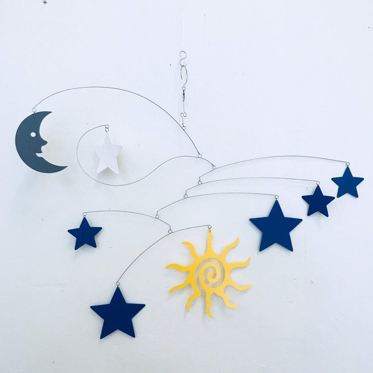 Celestial Nursery Mobile – Sun, Moon & Stars Design in Blue, Yellow, and White