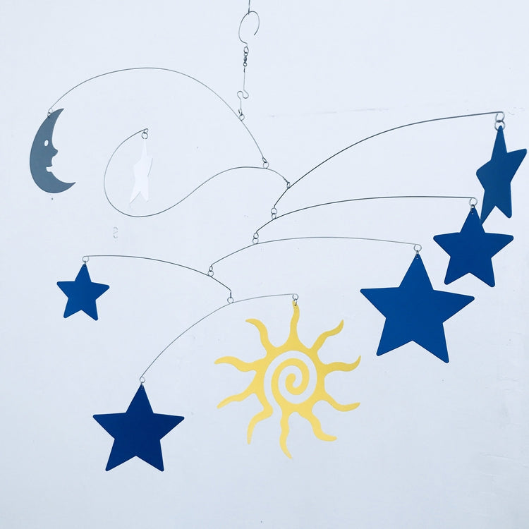 Celestial Nursery Mobile – Sun, Moon & Stars Design in Blue, Yellow, and White