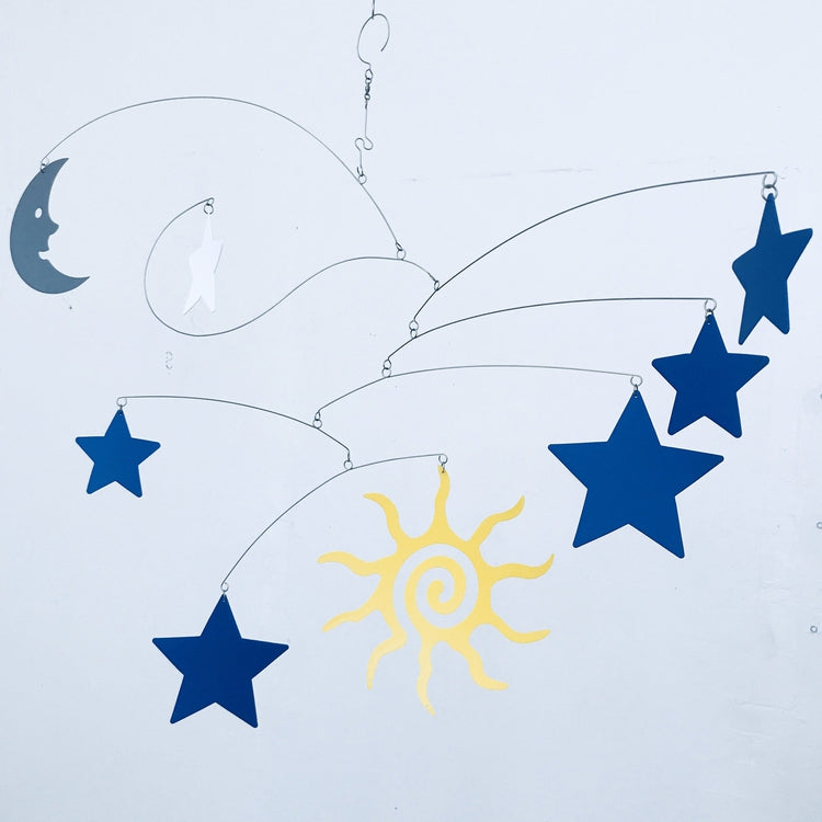 Celestial Nursery Mobile – Sun, Moon & Stars Design in Blue, Yellow, and White