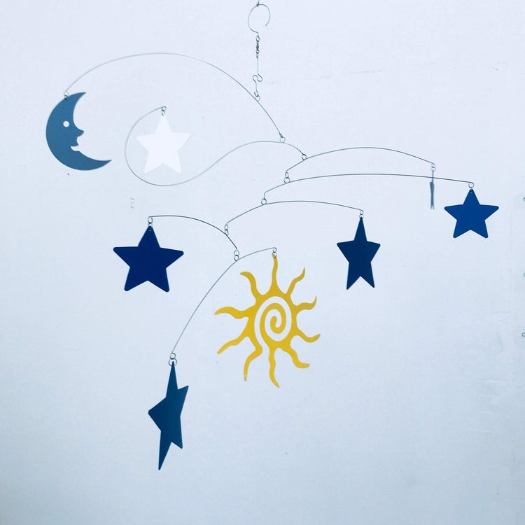 Celestial Nursery Mobile – Sun, Moon & Stars Design in Blue, Yellow, and White