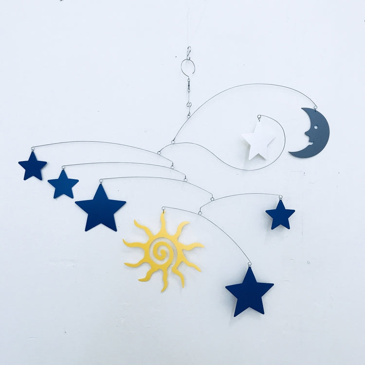 Celestial Nursery Mobile – Sun, Moon & Stars Design in Blue, Yellow, and White