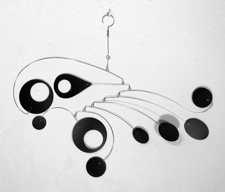 Calypso Art Mobile – Black Kinetic Sculpture by Carolyn Weir – 27” Wide Hanging Mobile for Low Ceilings