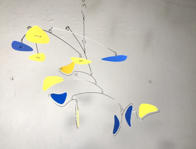 Mobile For Low Ceiling Loft or Sun Room Serenity Style in Yellow and Blue Modern Wire Kinetic Sculpture