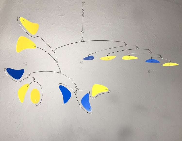 Mobile For Low Ceiling Loft or Sun Room Serenity Style in Yellow and Blue Modern Wire Kinetic Sculpture