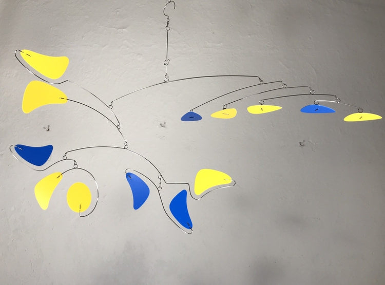 Mobile For Low Ceiling Loft or Sun Room Serenity Style in Yellow and Blue Modern Wire Kinetic Sculpture