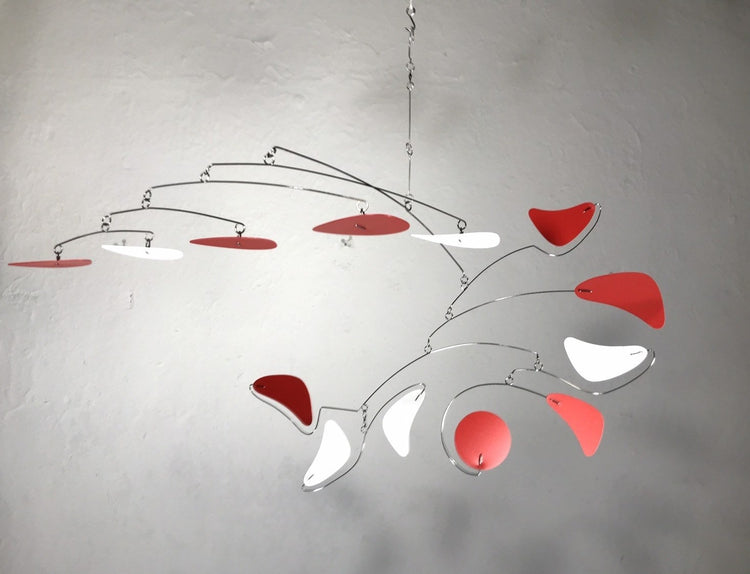 Mobile For Low Ceiling Loft or Sun Room Serenity Style in Red and White Modern Hanging Kinetic Sculpture