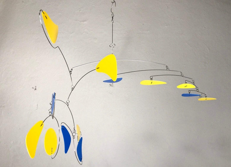 Mobile For Low Ceiling Loft or Sun Room Serenity Style in Yellow and Blue Modern Wire Kinetic Sculpture