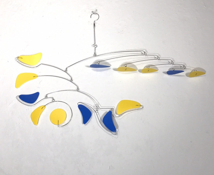 Mobile For Low Ceiling Loft or Sun Room Serenity Style in Yellow and Blue Modern Wire Kinetic Sculpture