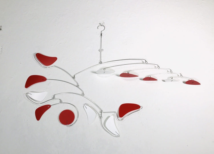 Mobile For Low Ceiling Loft or Sun Room Serenity Style in Red and White Modern Hanging Kinetic Sculpture