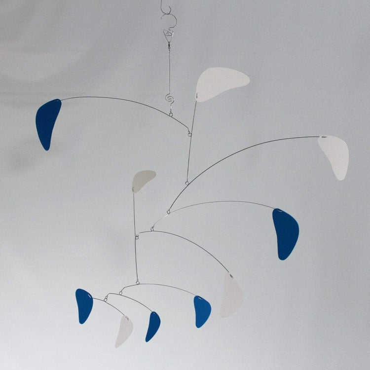 Cascade Style Hanging Mobile – Blue & White Kinetic Art Sculpture by Carolyn Weir – 27" x 42"