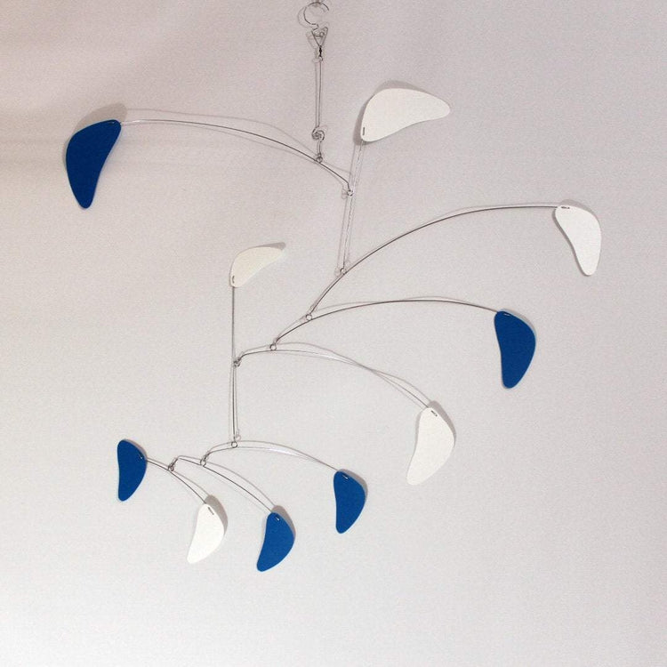 Cascade Style Hanging Mobile – Blue & White Kinetic Art Sculpture by Carolyn Weir – 27" x 42"