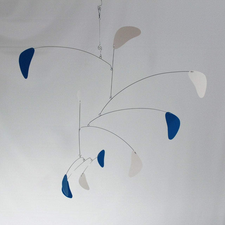 Cascade Style Hanging Mobile – Blue & White Kinetic Art Sculpture by Carolyn Weir – 27" x 42"