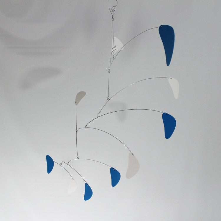 Cascade Style Hanging Mobile – Blue & White Kinetic Art Sculpture by Carolyn Weir – 27" x 42"