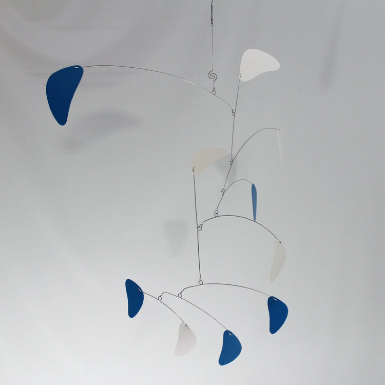 Cascade Style Hanging Mobile – Blue & White Kinetic Art Sculpture by Carolyn Weir – 27" x 42"