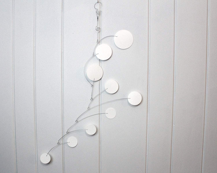 White Circle Art Mobile – Vertical Bubble Style Kinetic Sculpture by Carolyn Weir – 25” Tall Modern Hanging Mobile