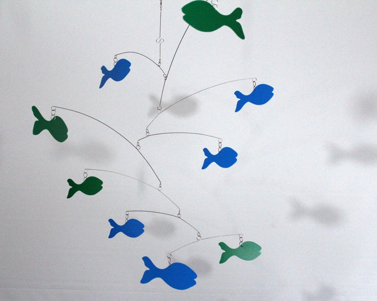 School of Fish Kinetic Mobile – Handmade Hanging Art in True Blue
