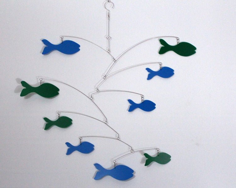 School of Fish Kinetic Mobile – Handmade Hanging Art in True Blue