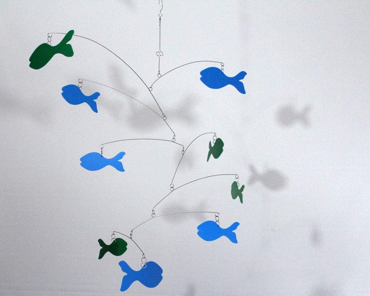 School of Fish Kinetic Mobile – Handmade Hanging Art in True Blue