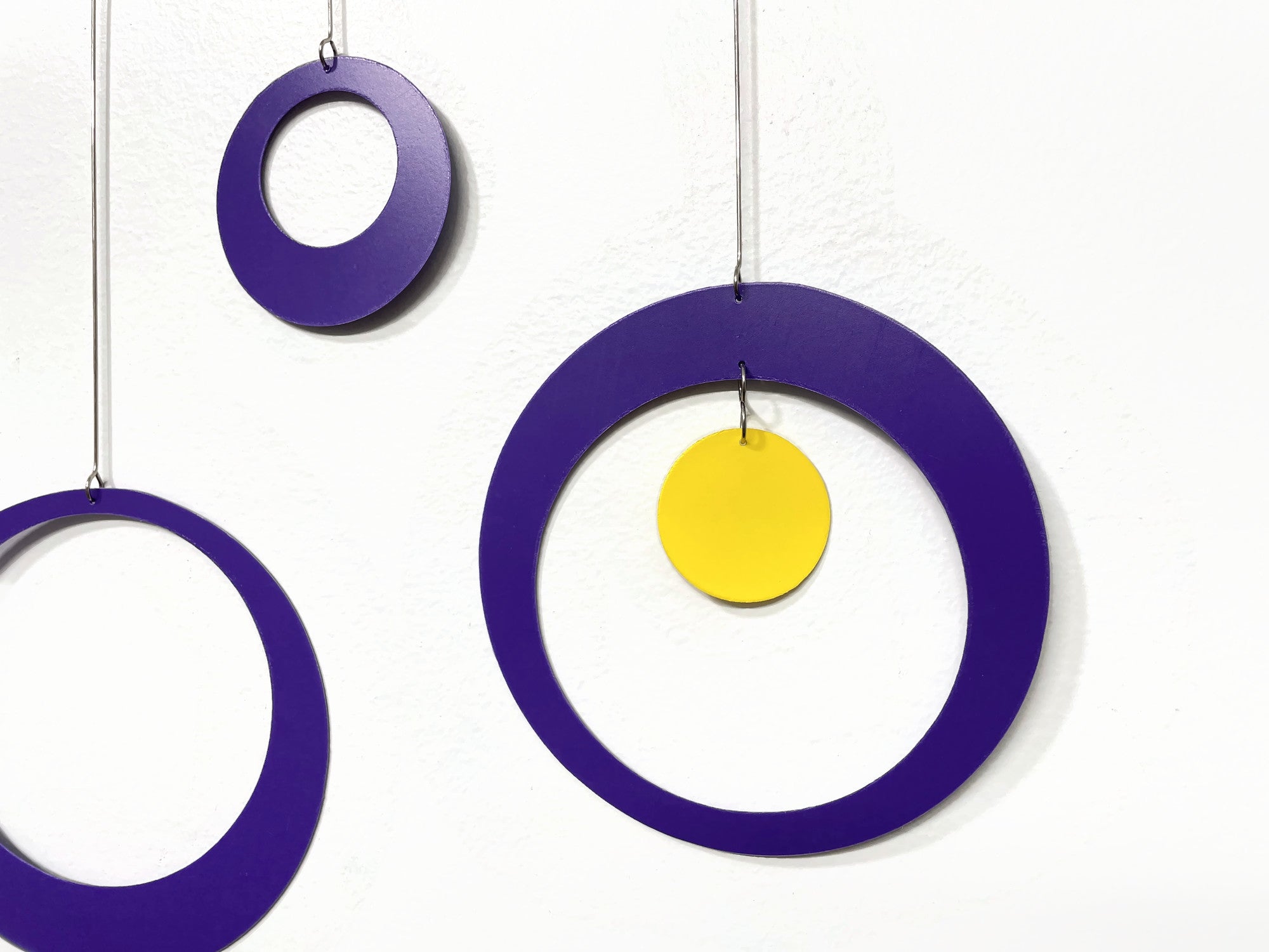 Hanging Mobile in Purple Yellow For Any Room -  Circles and Rings - Large Kinetic Hanging Art