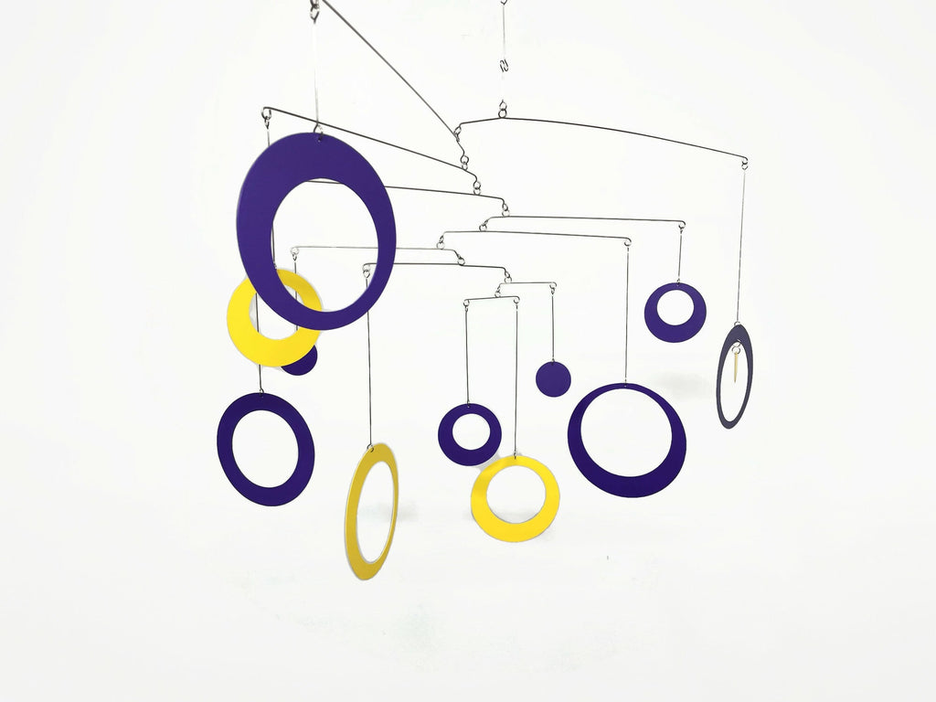 Hanging Mobile in Purple Yellow For Any Room -  Circles and Rings - Large Kinetic Hanging Art