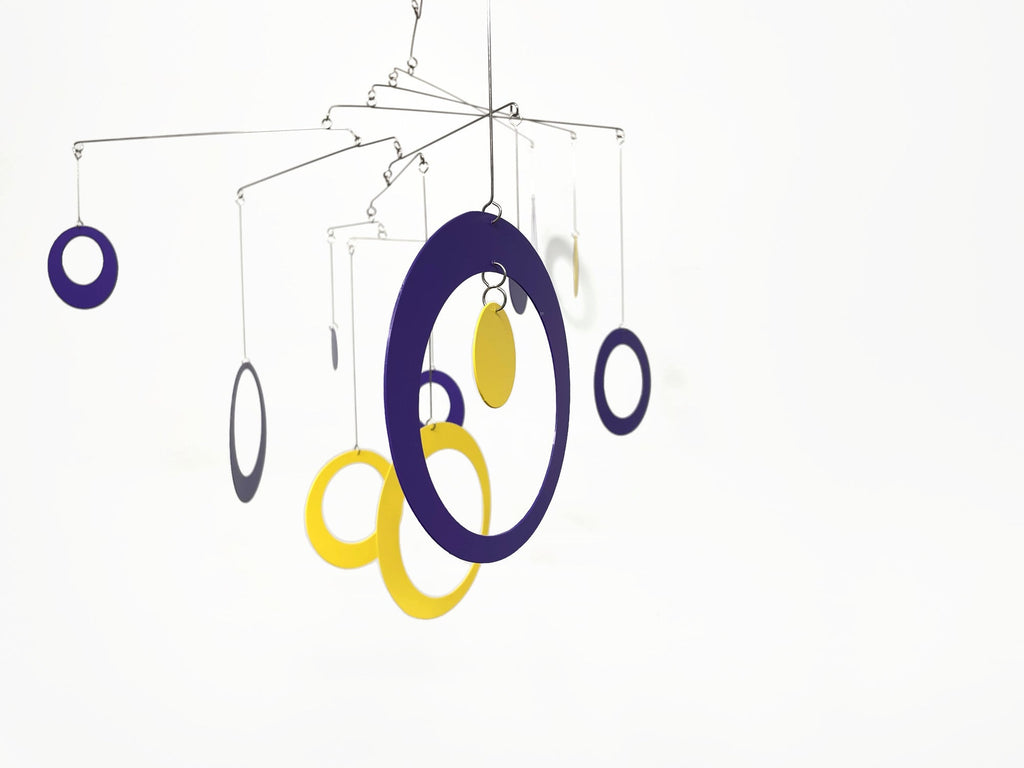 Hanging Mobile in Purple Yellow For Any Room -  Circles and Rings - Large Kinetic Hanging Art