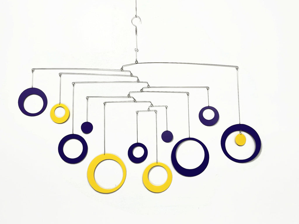 Hanging Mobile in Purple Yellow For Any Room -  Circles and Rings - Large Kinetic Hanging Art