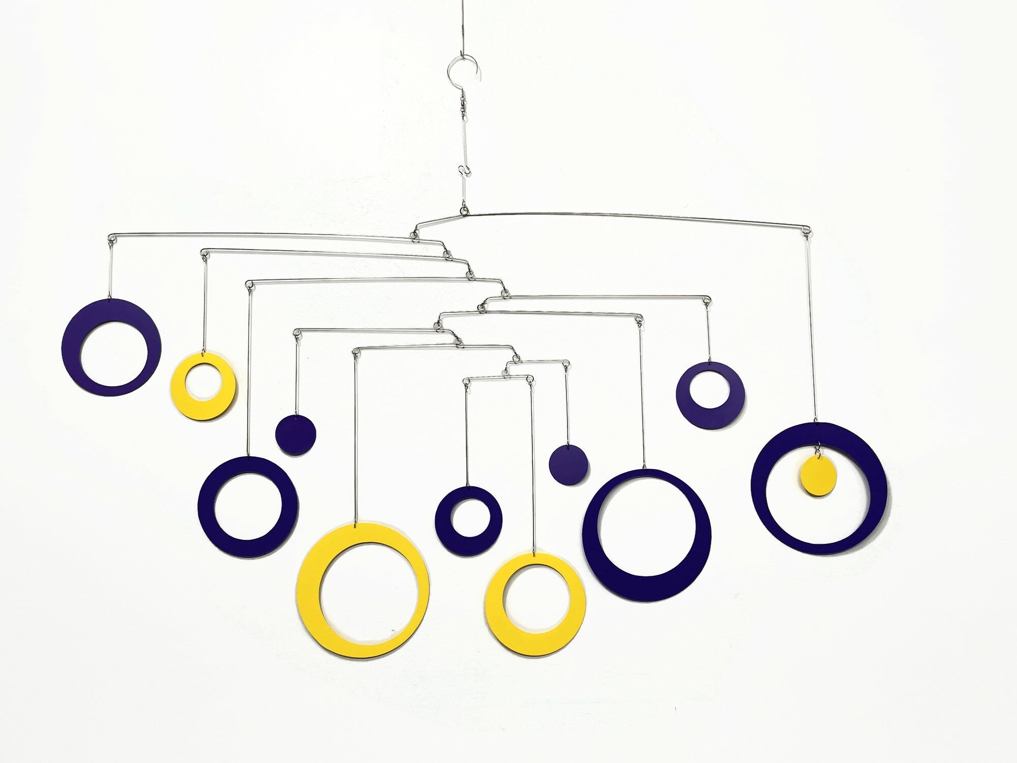 Hanging Mobile in Purple Yellow For Any Room -  Circles and Rings - Large Kinetic Hanging Art