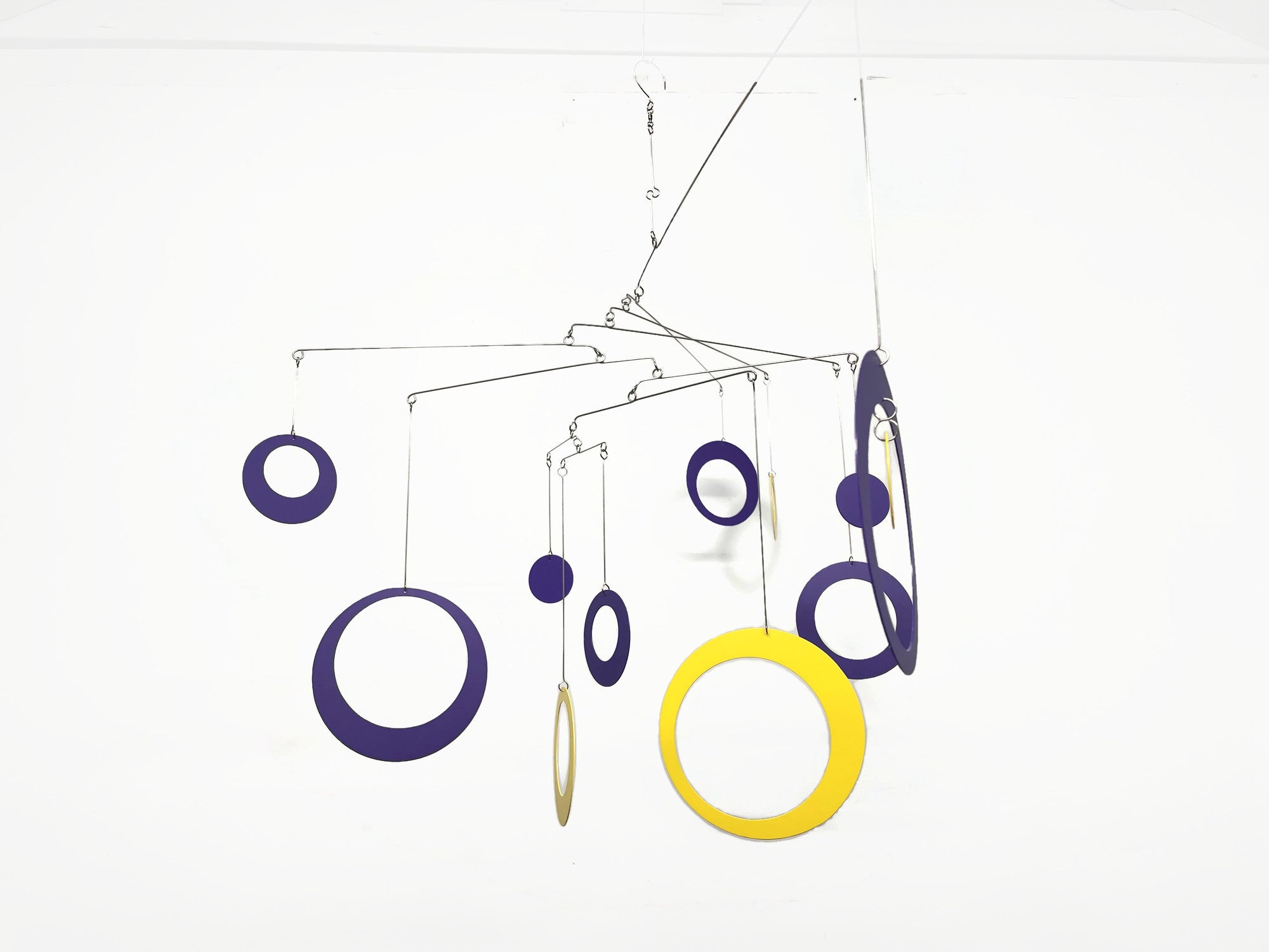 Hanging Mobile in Purple Yellow For Any Room -  Circles and Rings - Large Kinetic Hanging Art